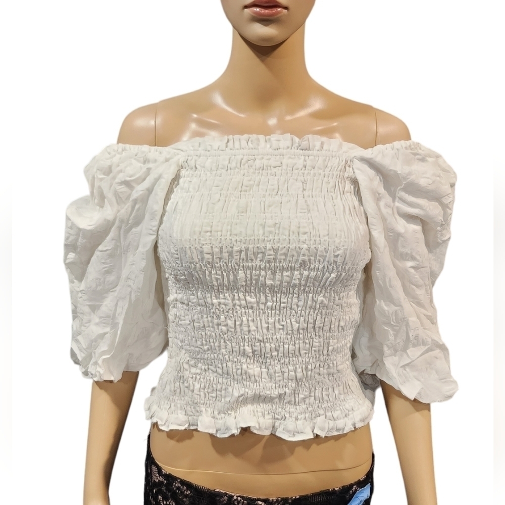 Anthropologie Mauve women's white cotton smocked off shoulder puff sleeve top S
